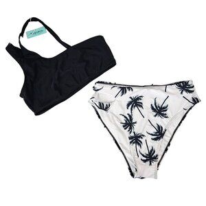Womens XL Black & White Palm Tree High Waisted Bikini Set Asymmetric Top Sexy